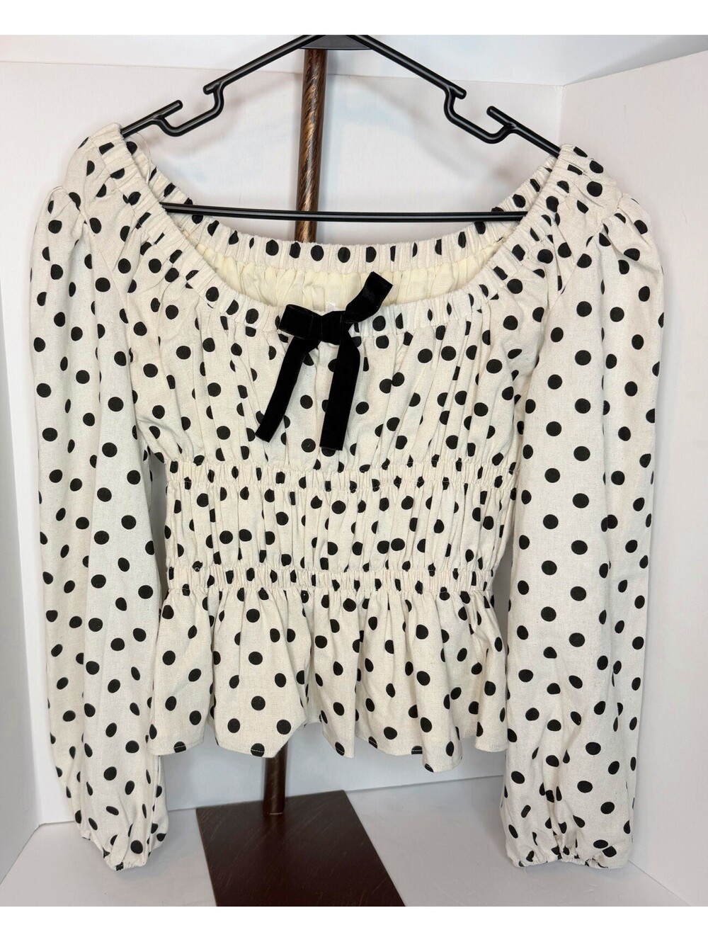 Aureum Smocked Peplum Top Cream Black Polka Dots Long Ballon Sleeve Bow XS